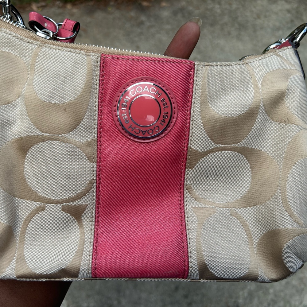 Coach Signature Beige and coral stripe purse